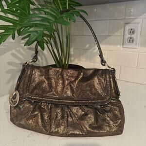 Fendi Metallic Bronze Leather Baguette Shoulder Bag Suede Interior Authentic COA